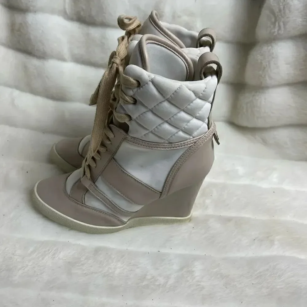 Chloe high top wedge sneakers in white suede and tan leather trim size E…